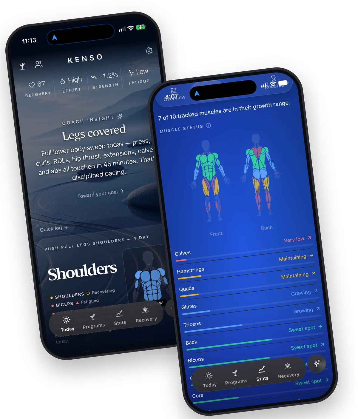 Two Kenso screens: the home screen with today's coach insight and Shoulders session, and the Stats muscle map showing which muscles are growing, maintaining or under-trained
