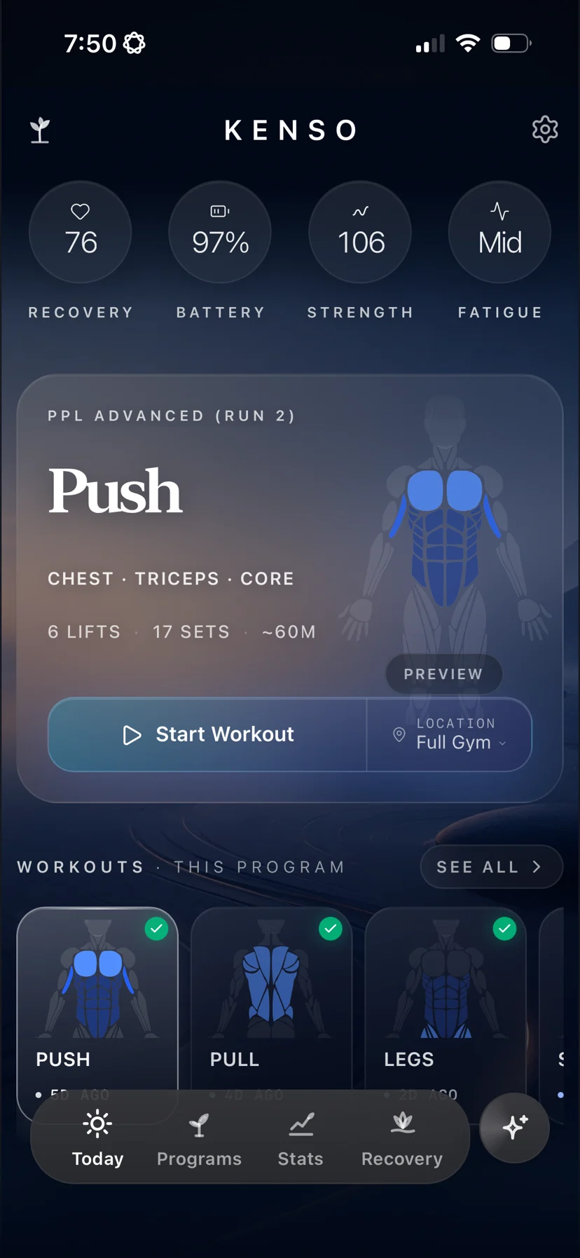 Kenso home screen: recovery, battery, strength and fatigue readings above today's Push session with its target muscles, lift and set counts, and a Start Workout button