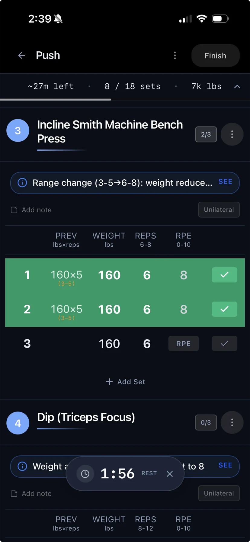 Kenso workout logger part-way through a Push session: completed sets marked off, last session's weight and reps beside each set, a note explaining a rep-range change and the weight reduction that follows from it, RPE entry, and a running rest timer